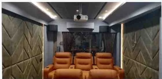 Master Sound Luxury Home Theater Installation with Chevron Acoustic Treatment and Leather Recliners